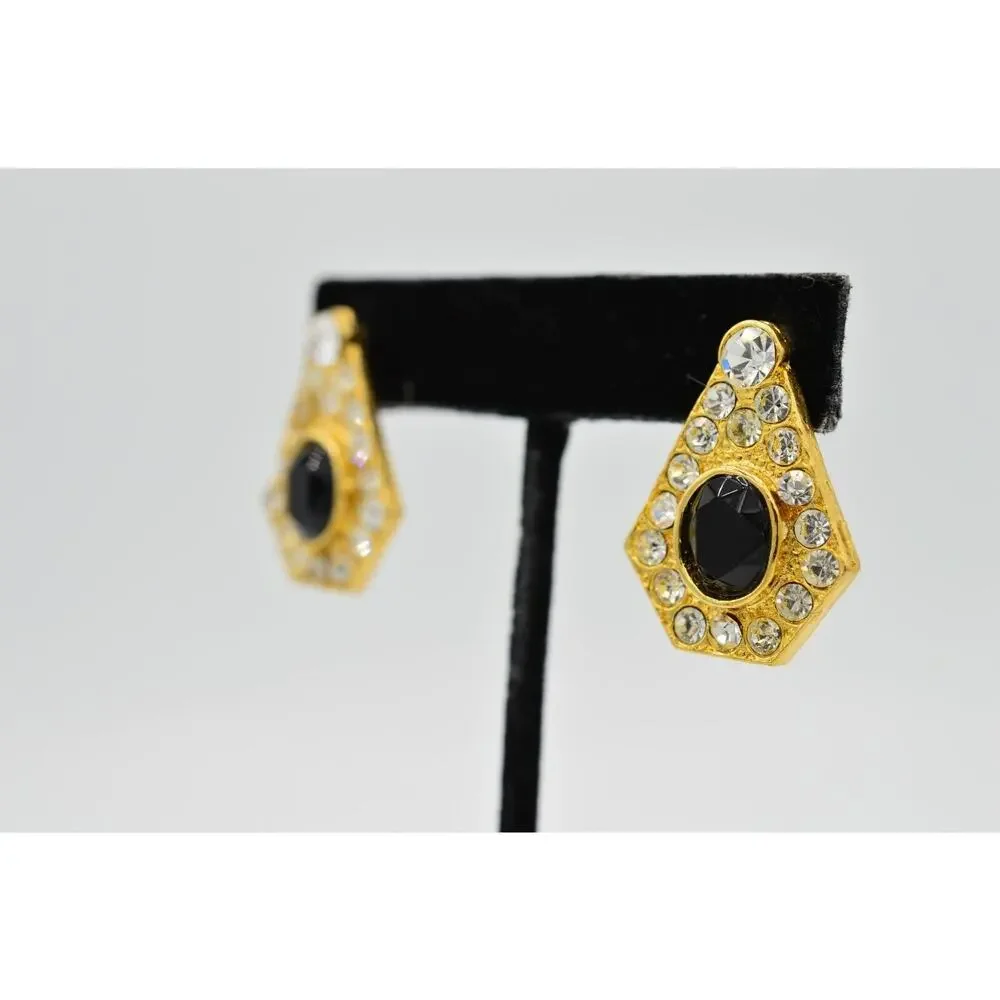 Vintage Earrings Sparkling Black Rhinestone Crystal Gold Statement NOS 1980s 9L